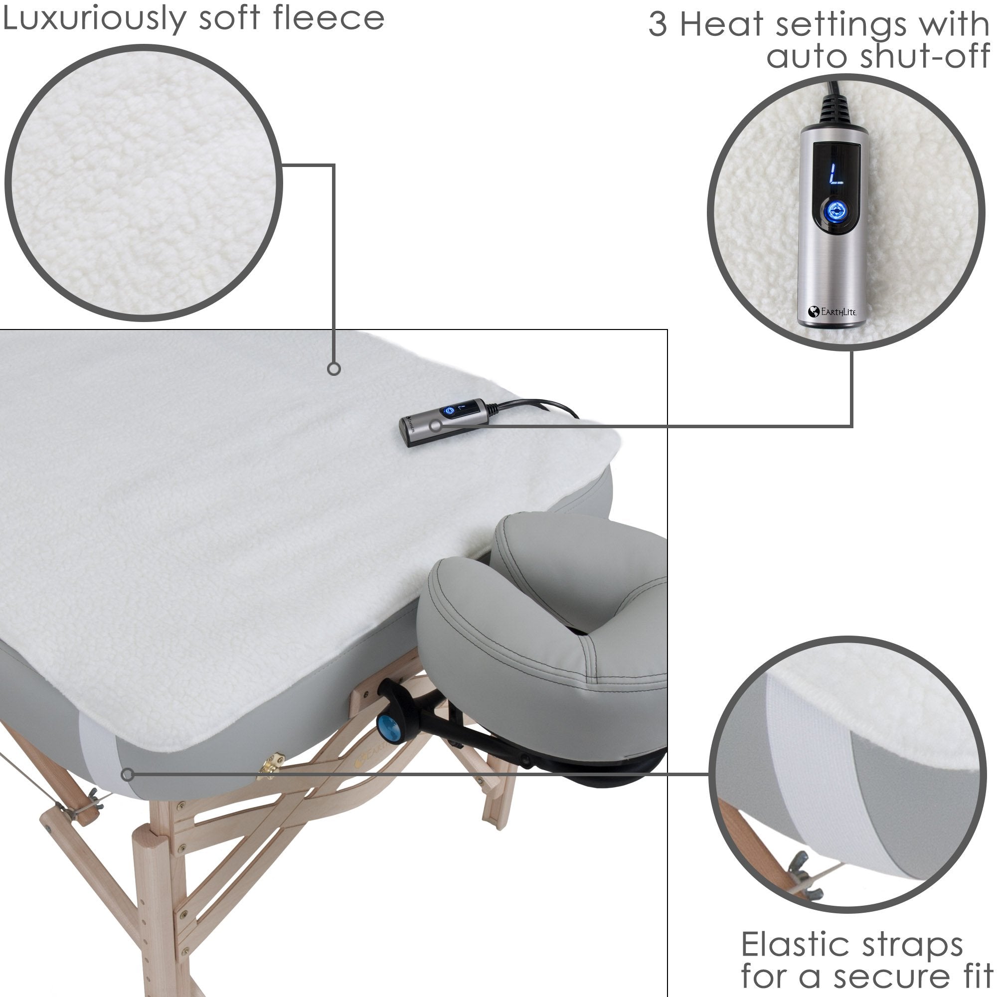 EarthLite table warmer elastic corner straps keep the pad secure during treatments