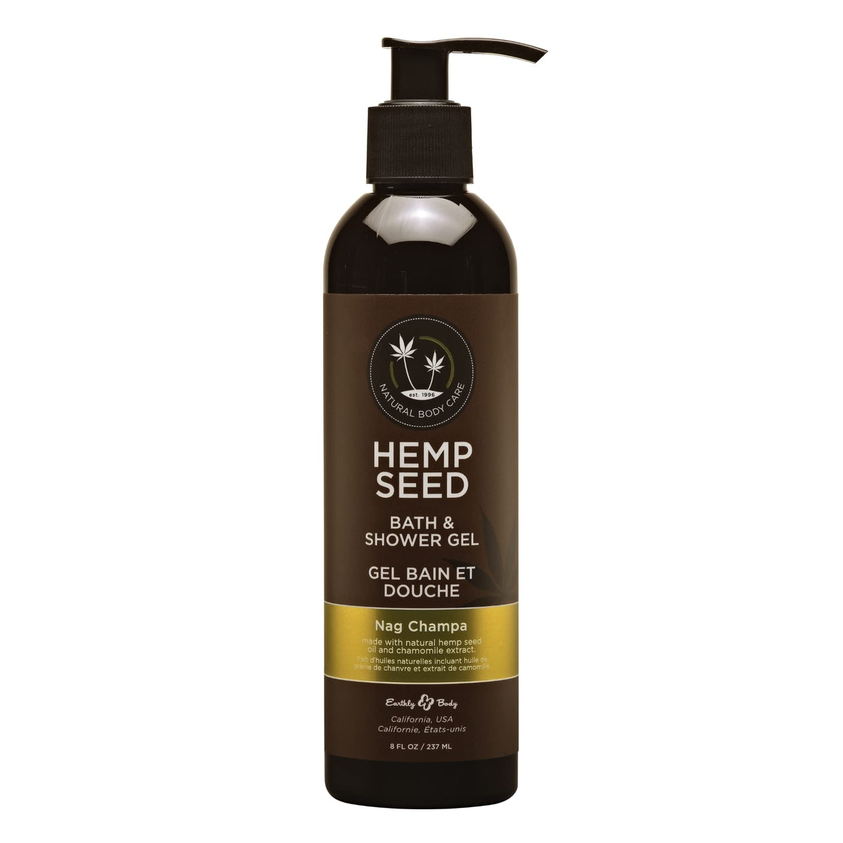 Earthly Body Hemp Seed Bath & Shower Gel bottle-front view showing hydrating formula.