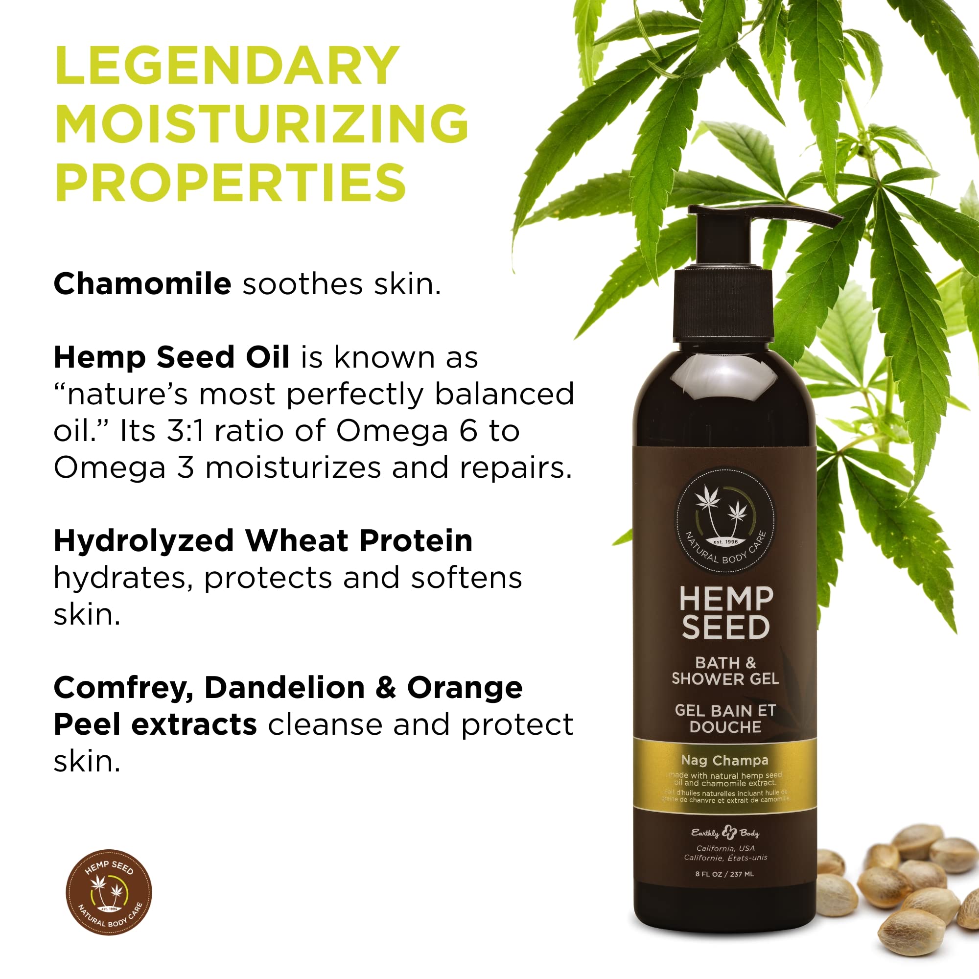 Earthly Body hemp-seed bath gel lather-closeup highlights rich moisture without residue.