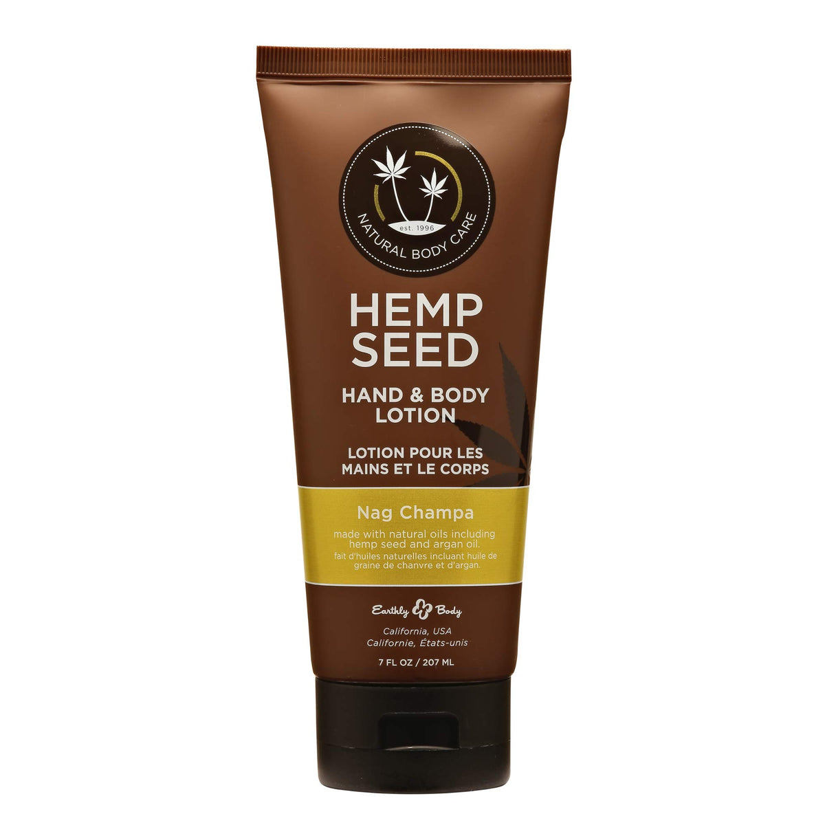 Earthly Body hemp seed lotion Nag Champa bottle close-up for hydration