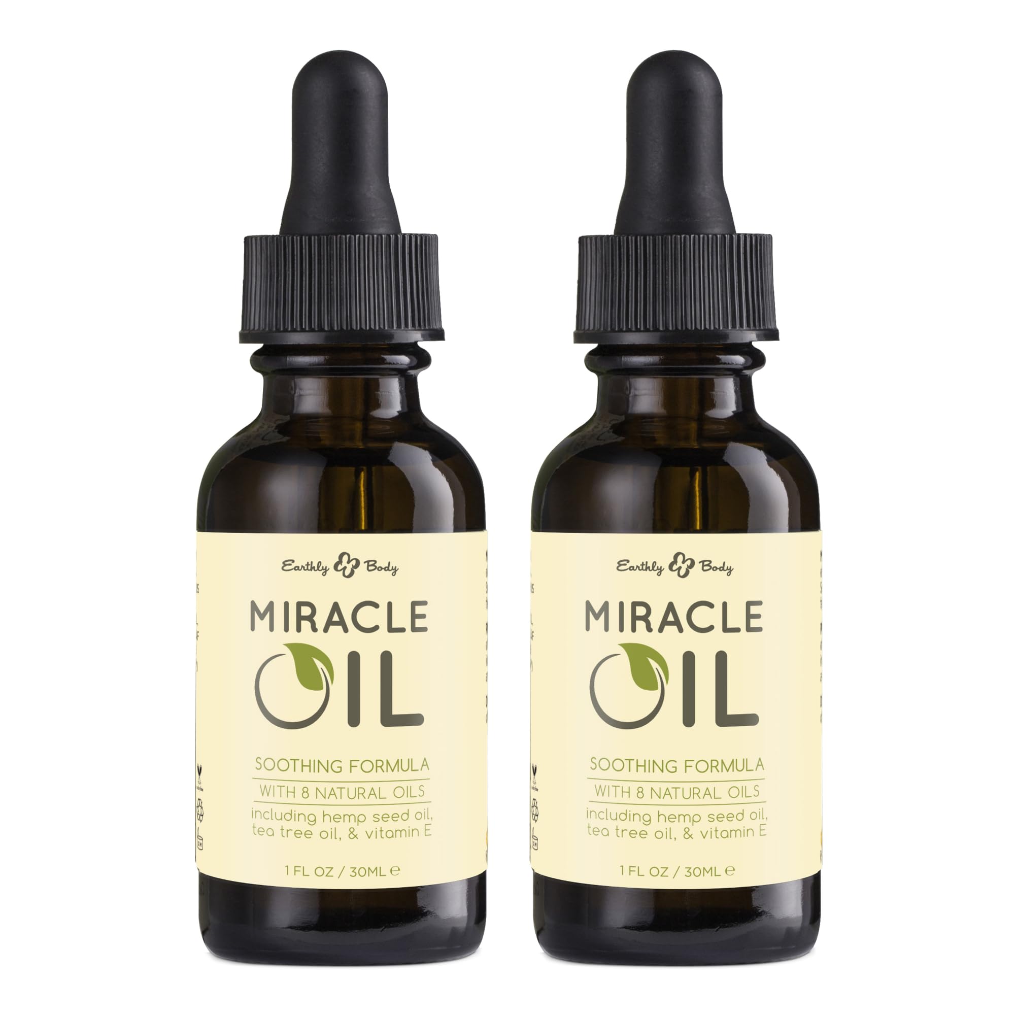 Earthly Body Miracle Oil bottle front showing vegan, all-natural oils for skin nourishment.