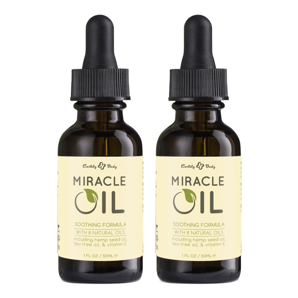 Earthly Body Miracle Oil bottle front showing vegan, all-natural oils for skin nourishment.