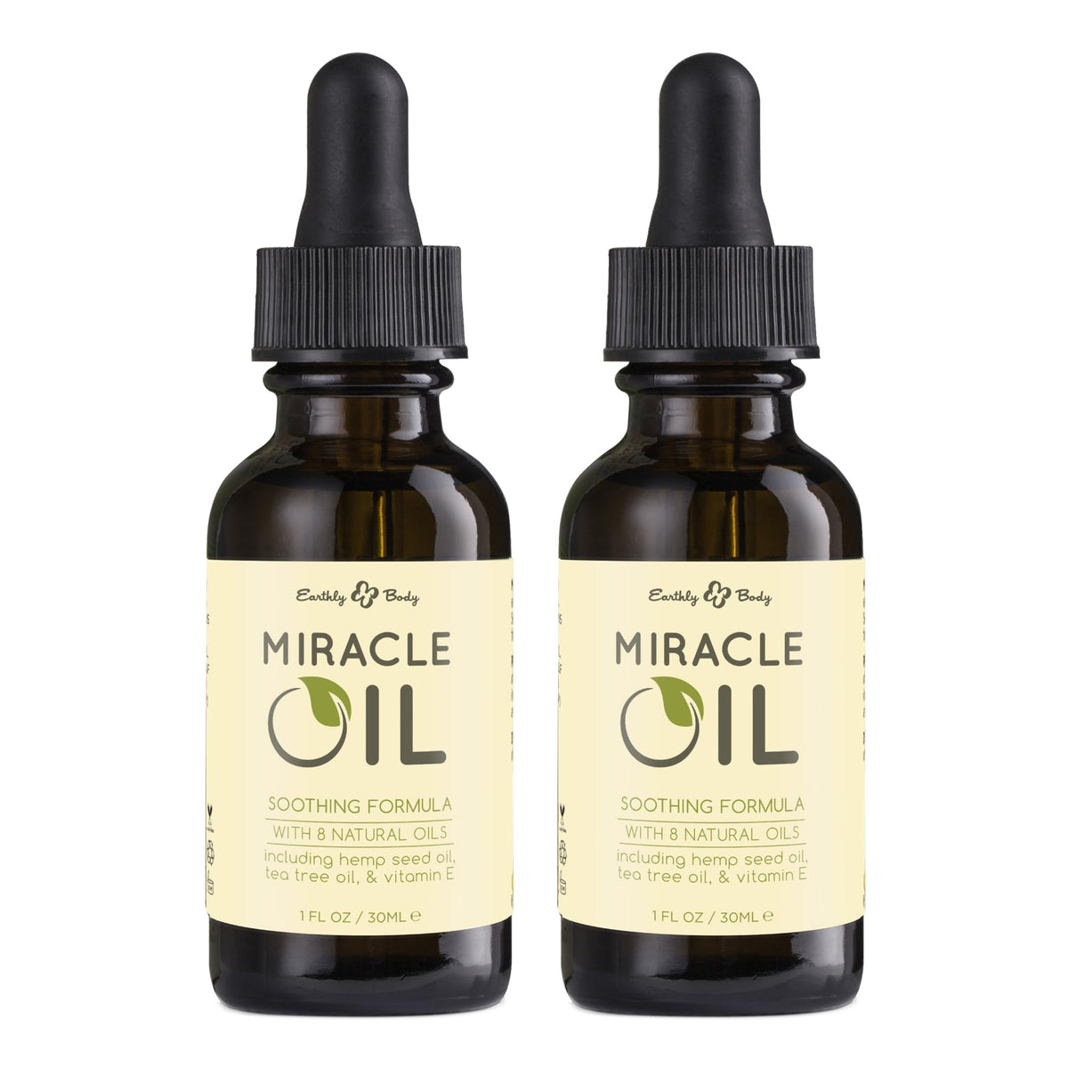 Earthly Body Miracle Oil bottle front showing vegan, all-natural oils for skin nourishment.