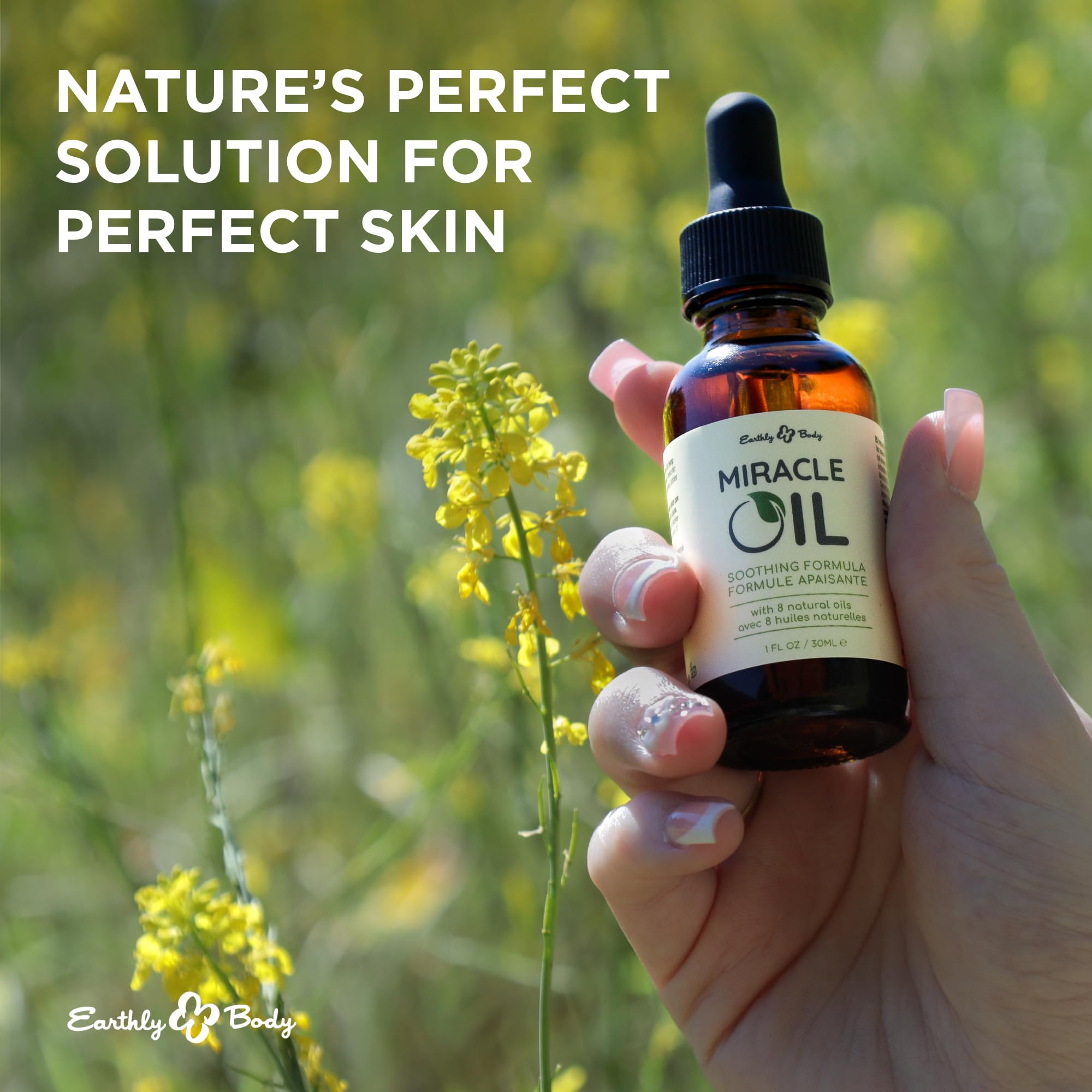 Earthly Body Miracle Oil ingredients panel featuring hemp seed oil and tea tree oil.