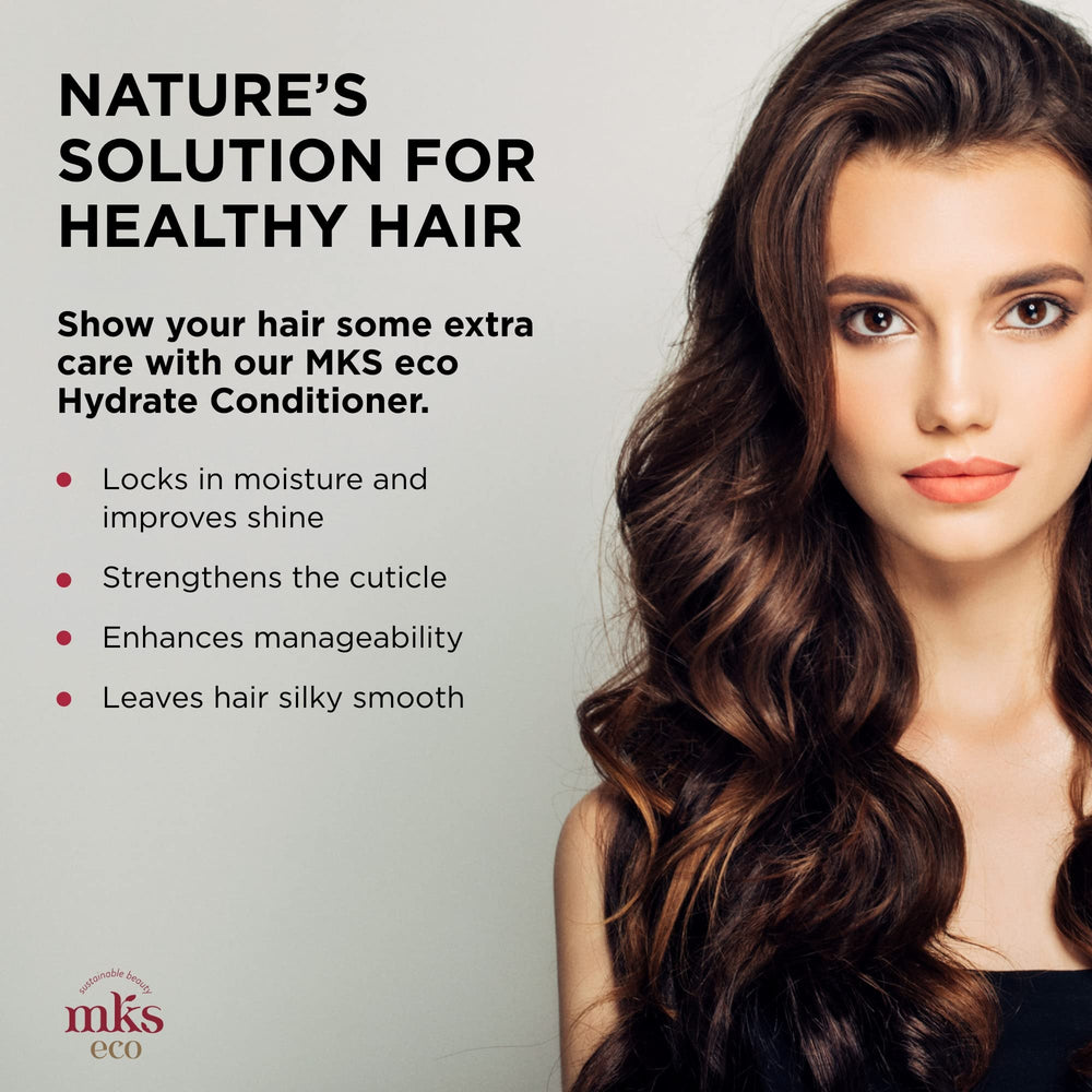 Earthly Body MKS eco Hydrate conditioner hemp seed oil essence close-up shows nourishing oils.
