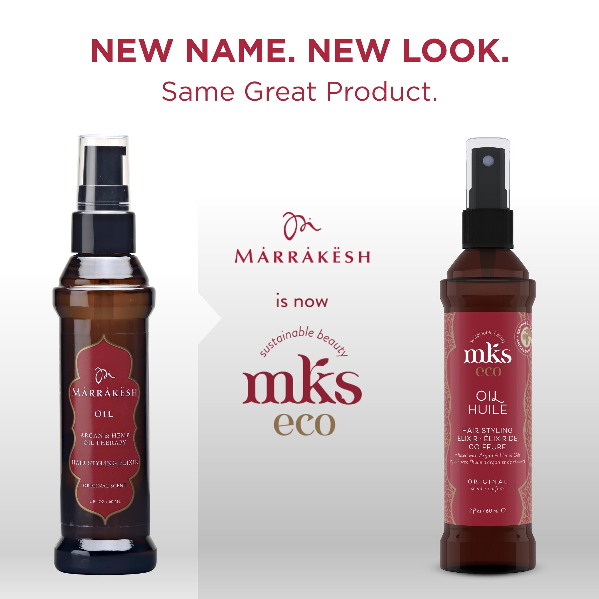 Earthly Body MKS Eco Oil Original bottle close-up shows argan and hemp ingredients for frizz control