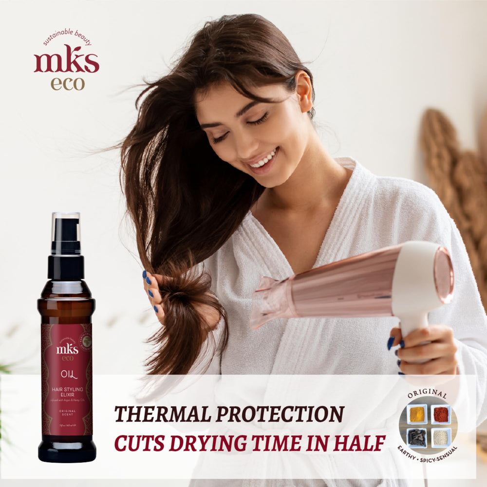 Earthly Body MKS Eco Oil Original after styling with glossy, smooth hair
