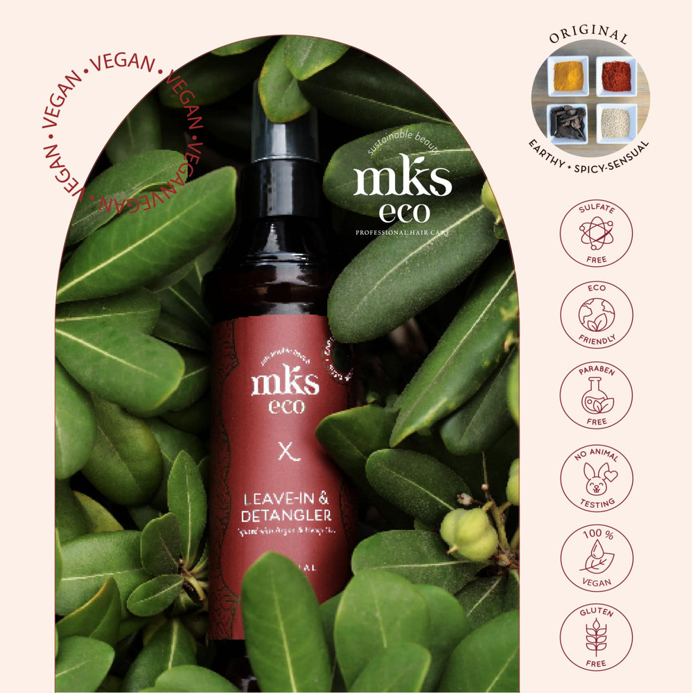 Earthly Body MKS eco X leave-in absorption supports heat-styling protection on hair.