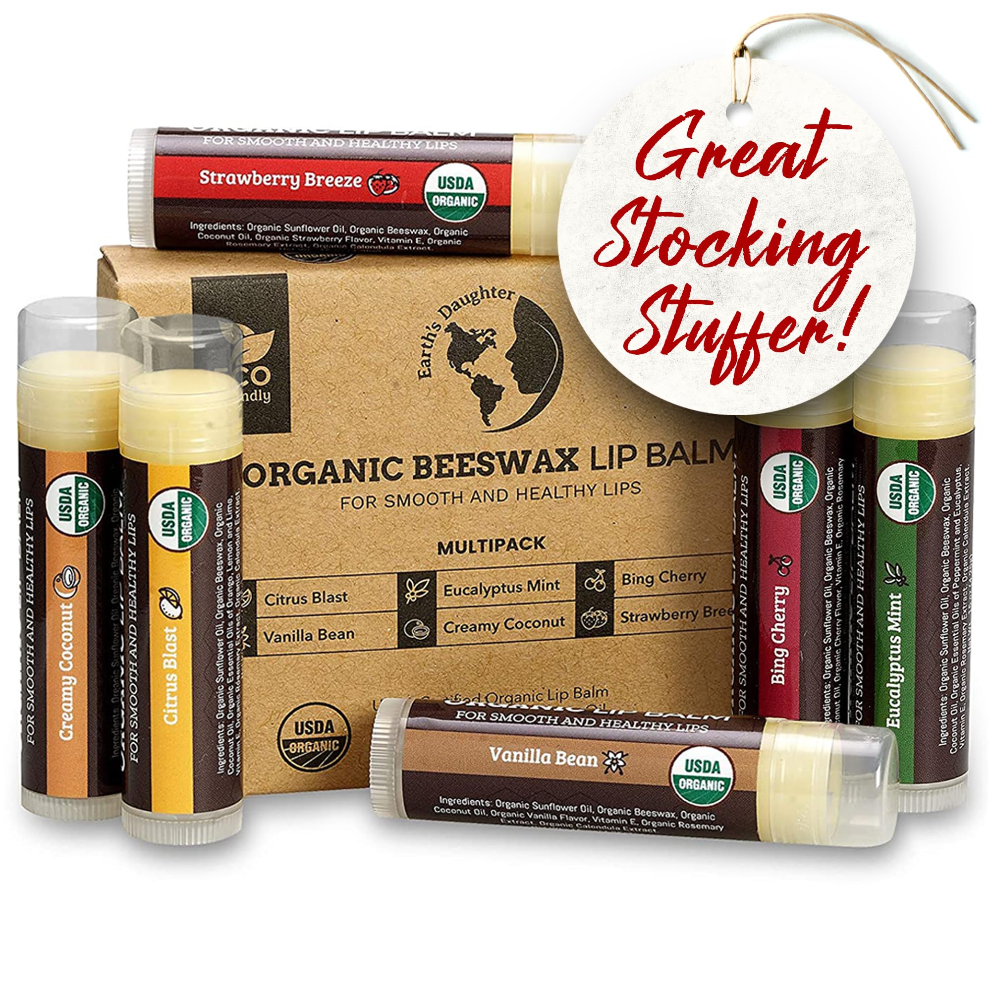 Earth's Daughter lip balm 6-pack front view for gifting and daily lip care.