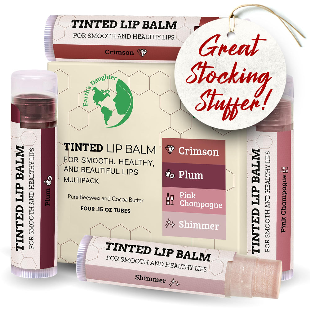 Earth's Daughter tinted lip balm 4-pack packaging, showcasing eco-friendly design and color assortment.