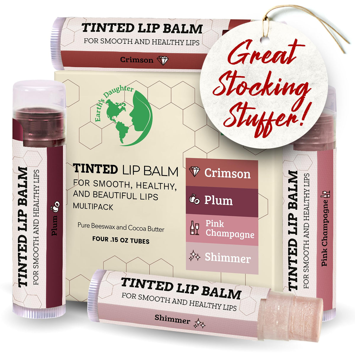 Earth's Daughter tinted lip balm 4-pack packaging, showcasing eco-friendly design and color assortment.