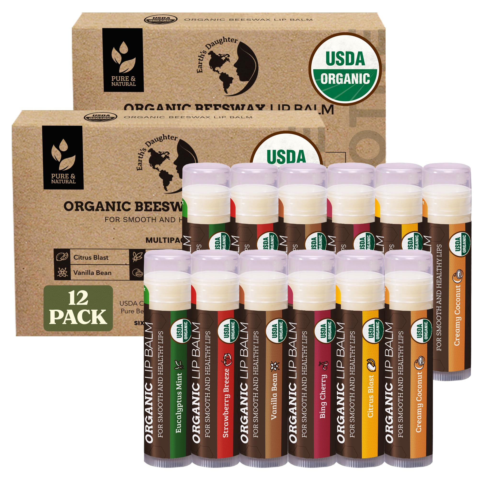 Earth's Daughter USDA Organic Lip Balm 12-pack boxed set for family use