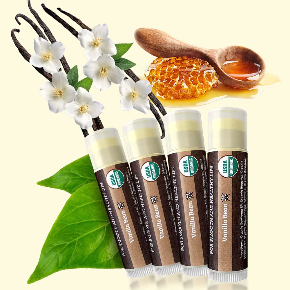 Earth's Daughter USDA organic lip balm vanilla tub close-up shows nourishing beeswax and coconut oil.