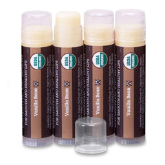 Earth's Daughter vanilla lip balm 4-pack packaging emphasizes eco-friendly materials for gifting.