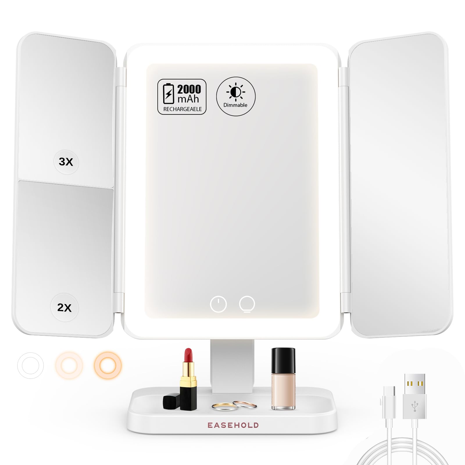 Easehold lighted makeup mirror with 64 LEDs for gentle, even illumination.