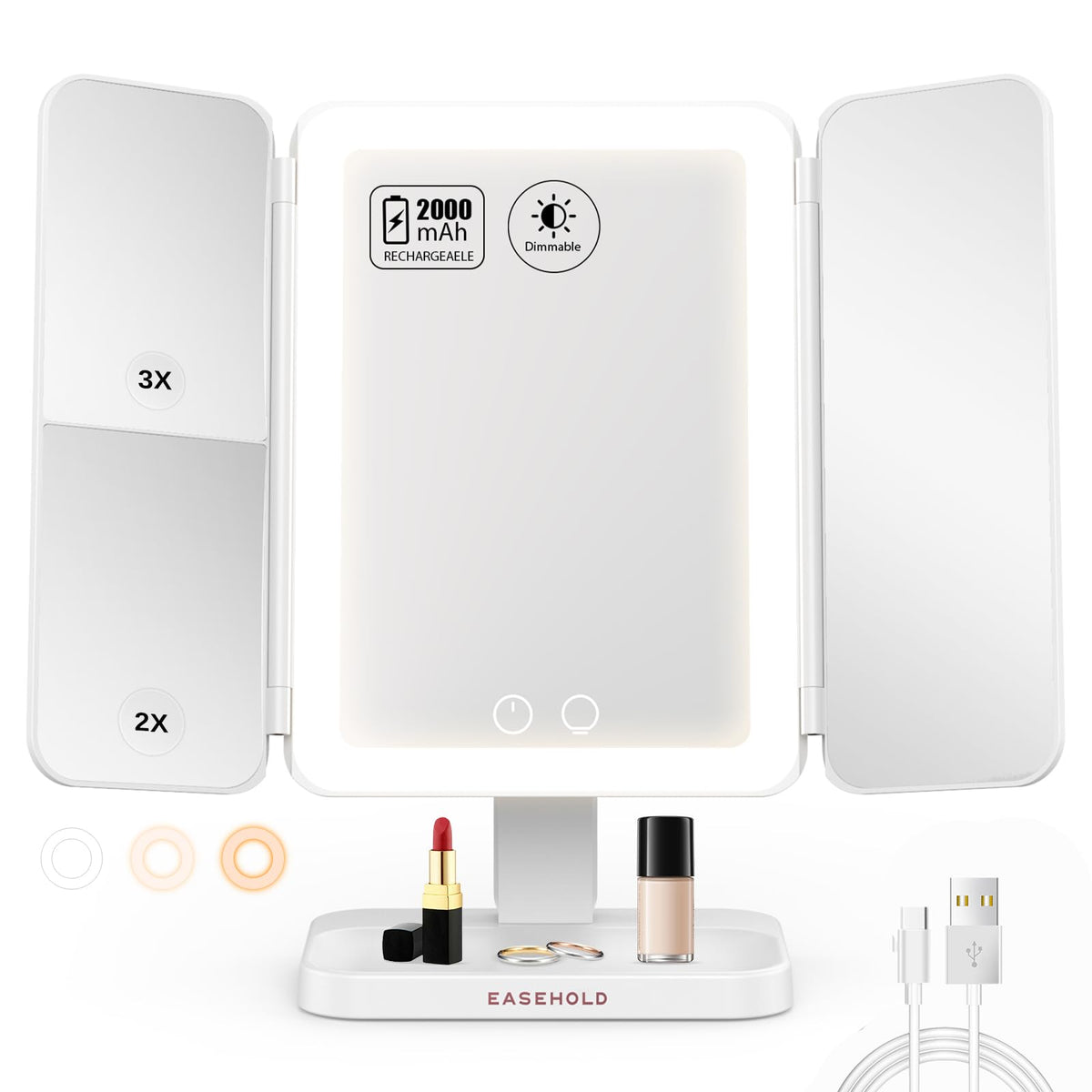Easehold lighted makeup mirror with 64 LEDs for gentle, even illumination.