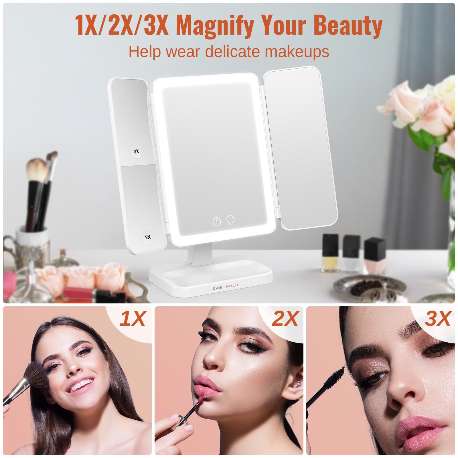 Easehold triple magnification helps precise eyeliner and mascara application.