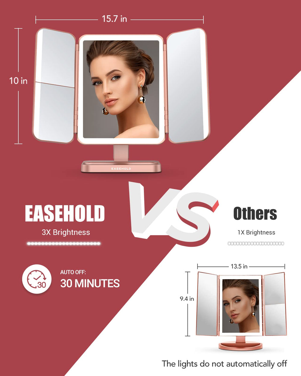 EASEHOLD rose gold tri-fold mirror with LED lighting for versatile desk use
