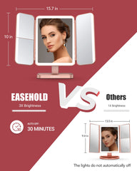 EASEHOLD rose gold tri-fold mirror with LED lighting for versatile desk use