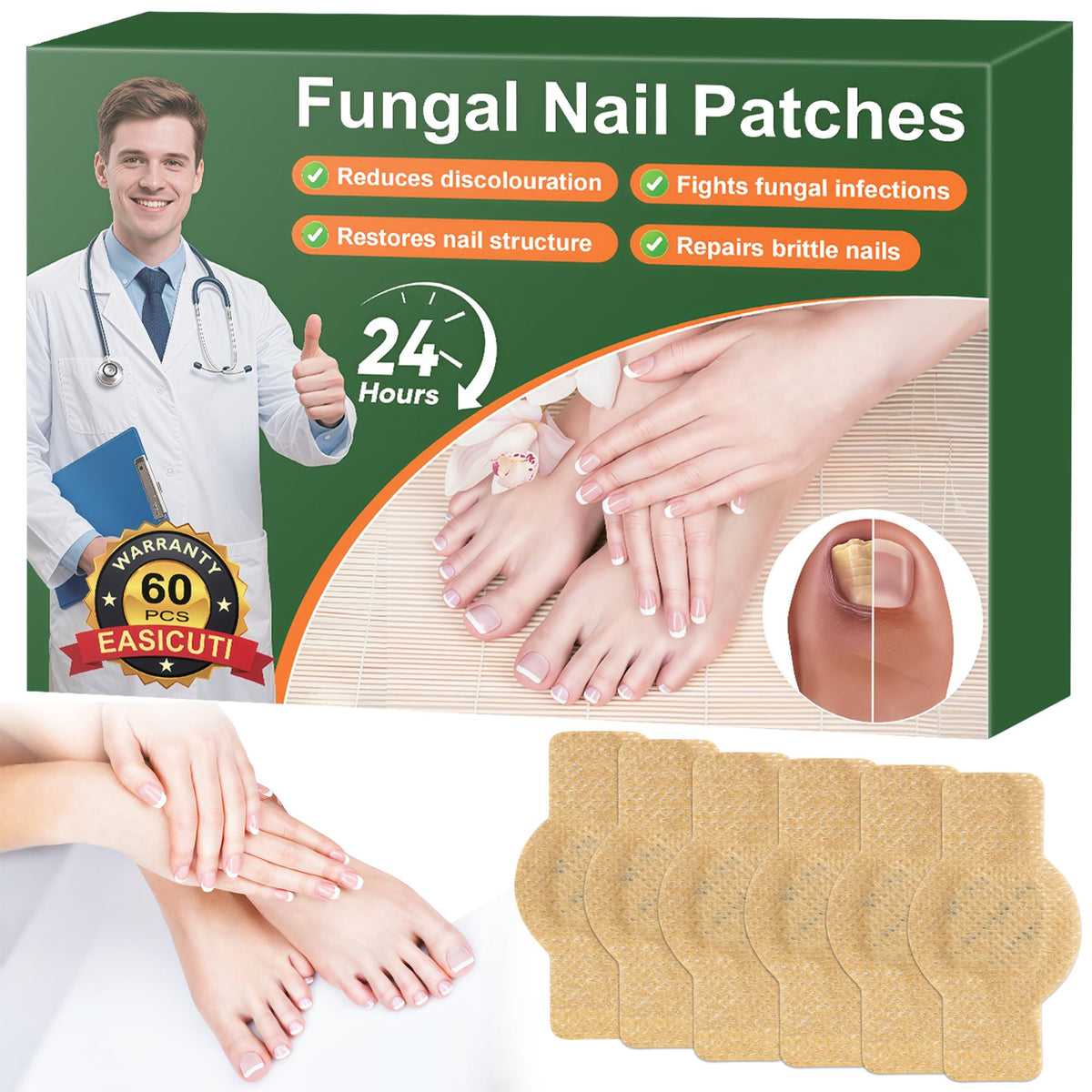 EASICUTI fungal nail patches packaging shown for on the go nail care.