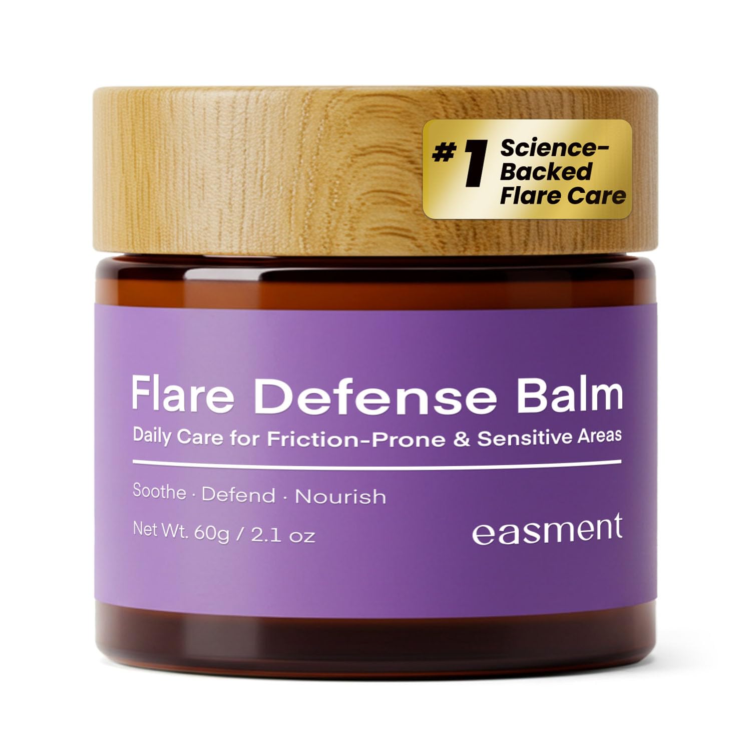 Easment Flare Defense Balm bottle closeup showing a non-greasy HS care solution.