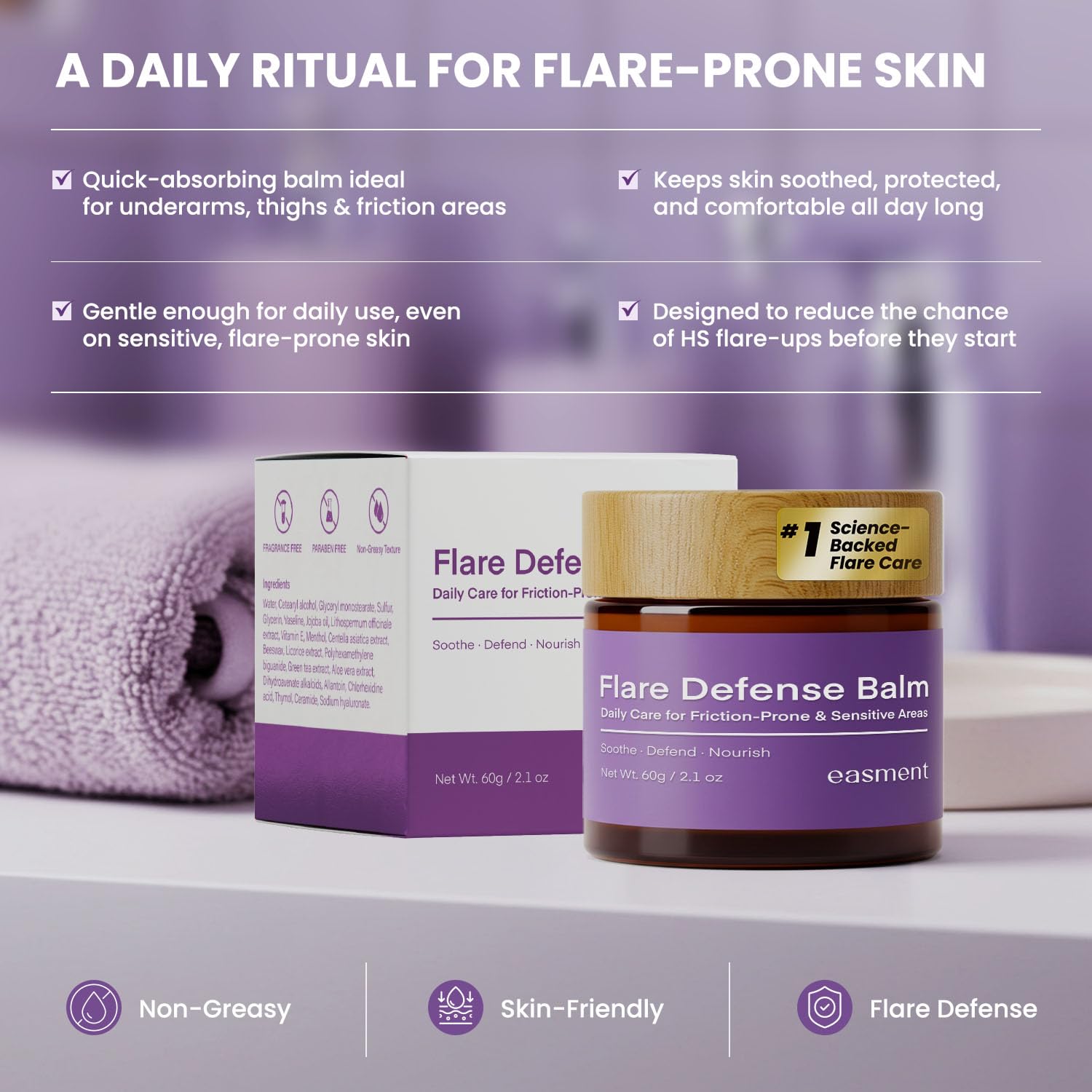 Easment Flare Defense Balm label-cap closeup signals trusted HS formulation.