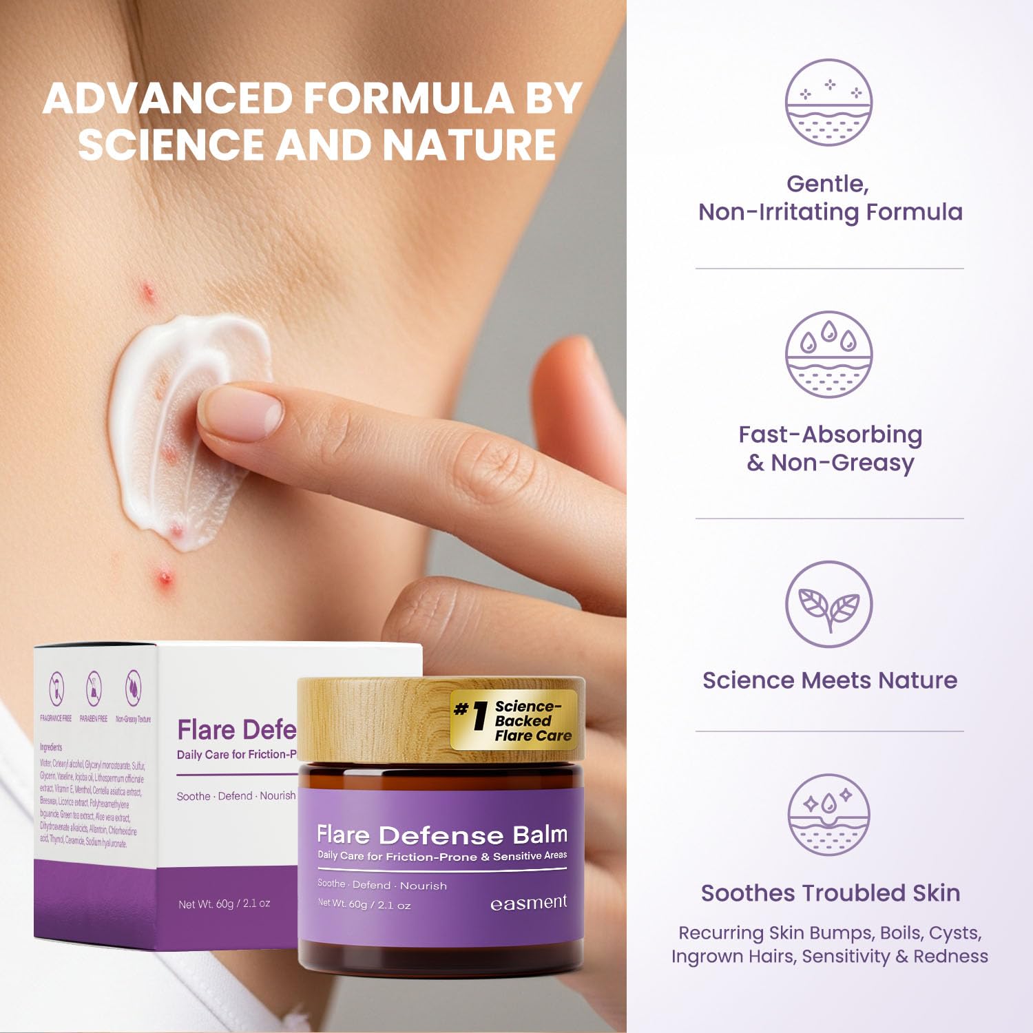 Easment Flare Defense Balm packaging 2oz jar.