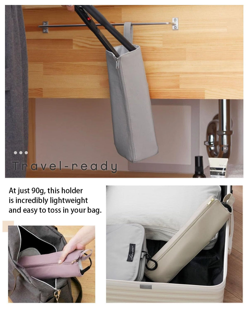Easy-U mat and holder protect countertops during hot tool use.