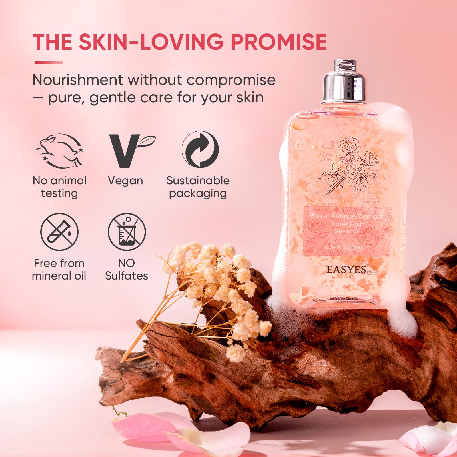 Easyes Rose Elixir ceramides schematic shows barrier-supporting moisturization.