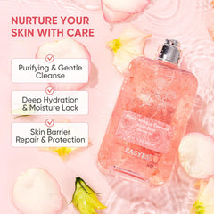 Easyes Rose Elixir rose petals closeup highlights nourishing formula and scent.