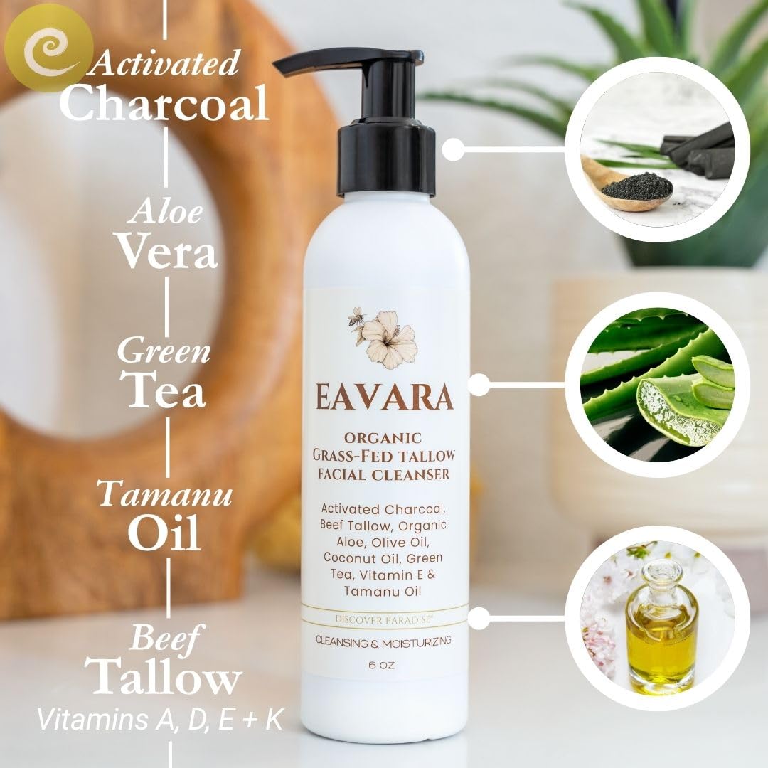 Eavara natural beef tallow cleanser emphasizes clean, hydrated skin.