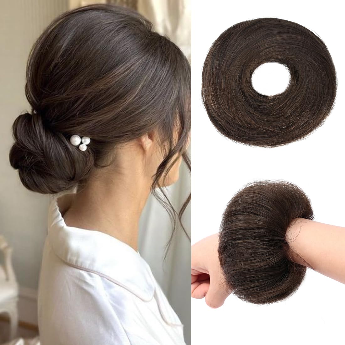 EAVFEFE messy bun hair piece in dark brown adds natural volume for updos.