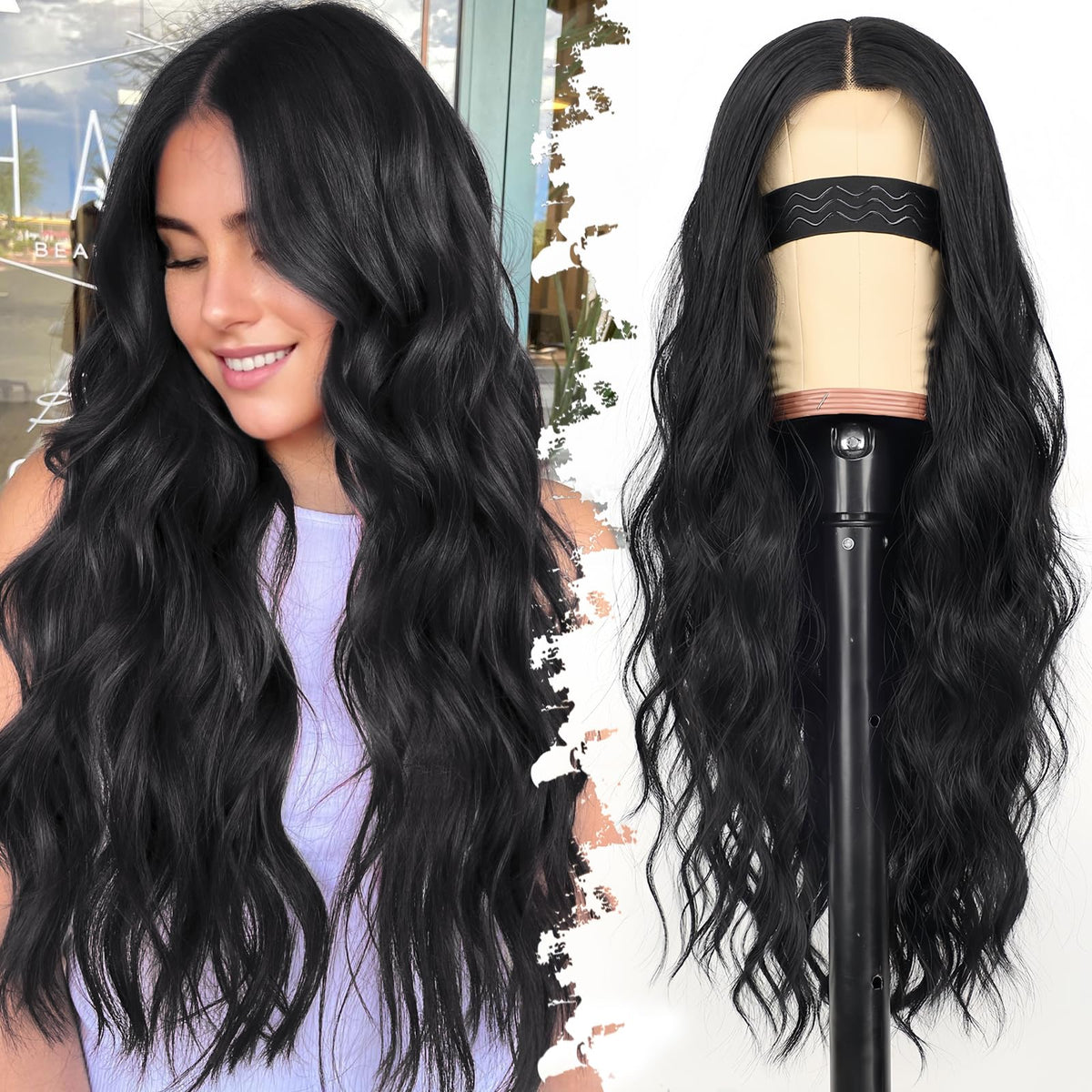 Eawwii black wig long wavy 26-inch front view with natural-looking hairline