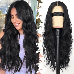 Eawwii black wig long wavy 26-inch front view with natural-looking hairline