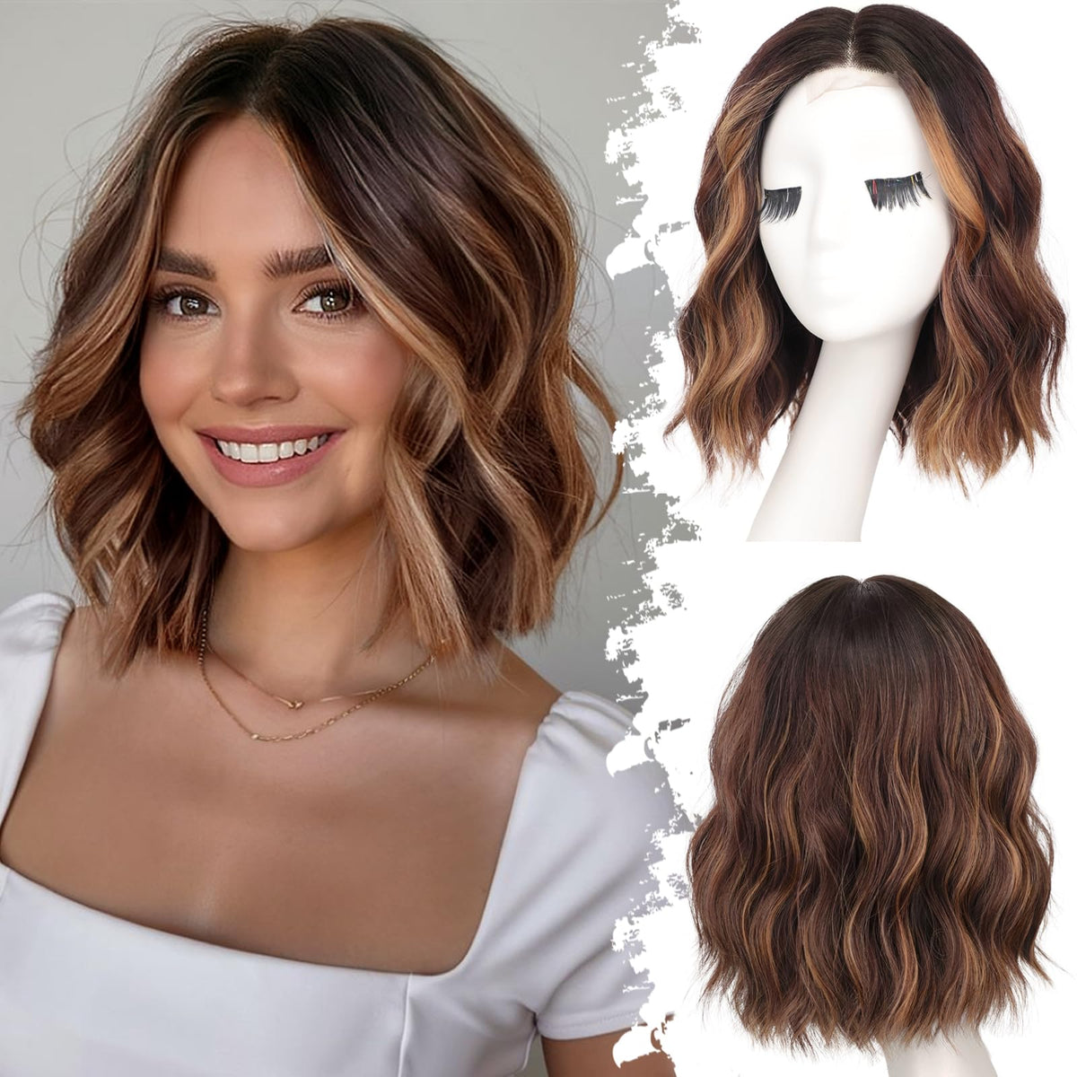 Eawwii brown-highlight short-wavy wig front view offers natural hairline for daily styling.