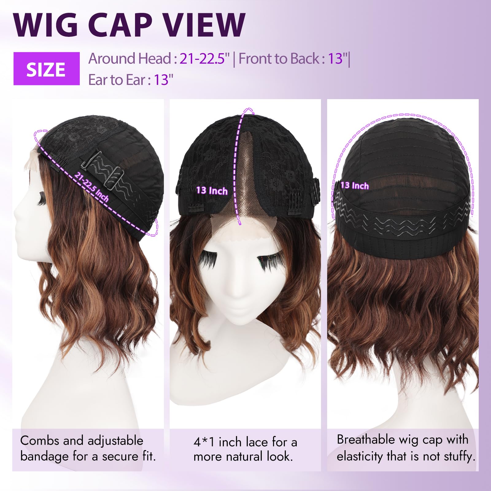 Eawwii brown-highlight short-wavy wig side view provides comfortable fit for daily wear.