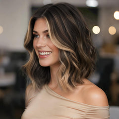 Eawwii wig: brunette with blonde highlights, short wavy front view for natural everyday styling and comfort.