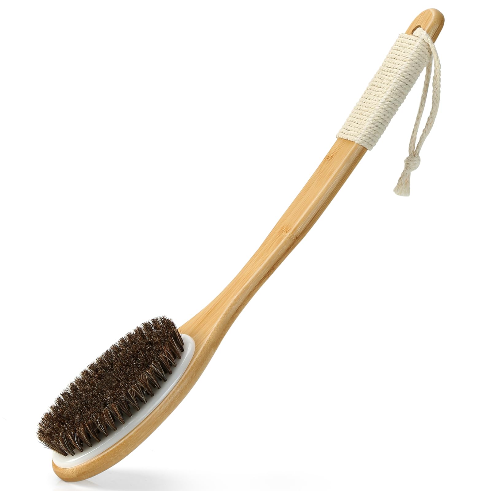eaxun Bamboo Shower Brush with curved long handle enables easy back exfoliation in the shower
