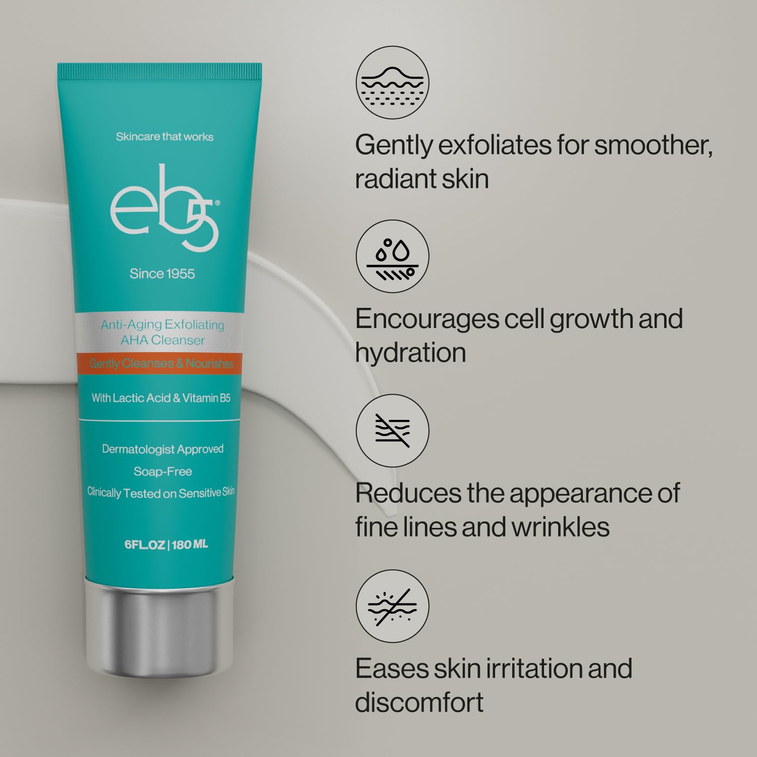 eb5 Exfoliating AHA Cleansing Lotion being applied suggests gentle exfoliation with lactic acid