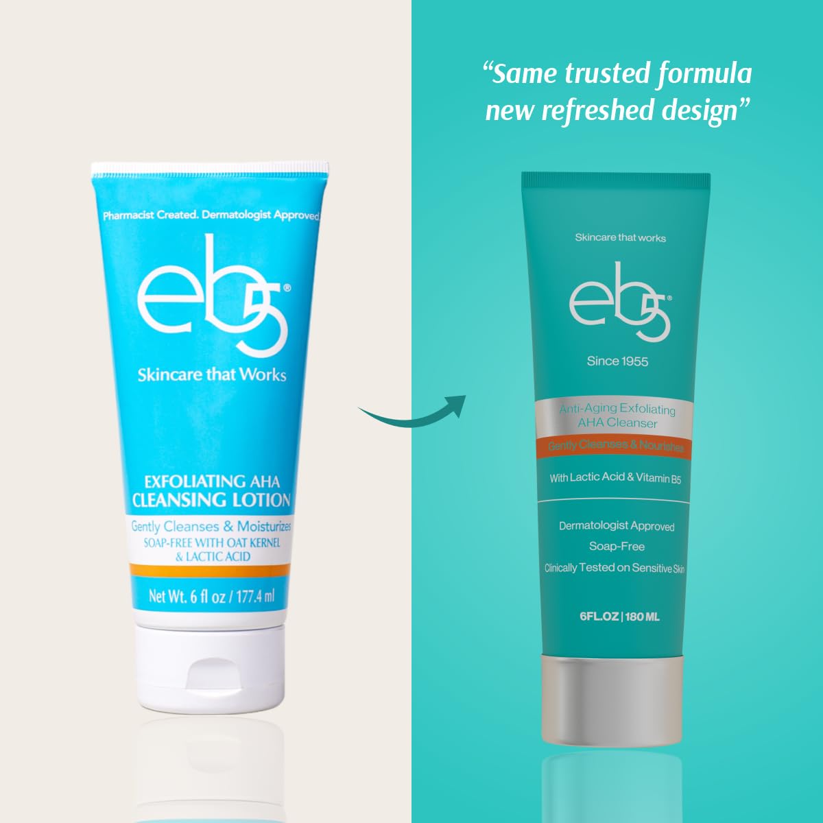 eb5 Exfoliating AHA Cleansing Lotion bottle highlights a lightweight formula suitable for all skin types