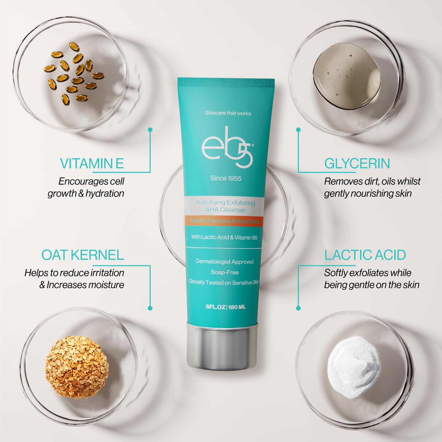 eb5 Exfoliating AHA Cleansing Lotion texture close-up hints brightening and hydrating benefits