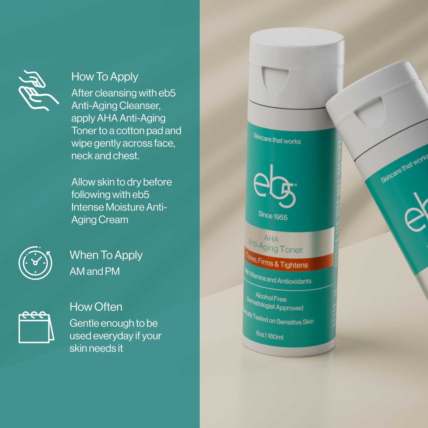 eb5 Aha Anti-Aging Toner pore-minimizer closeup demonstrates refined pores and balanced complexion.