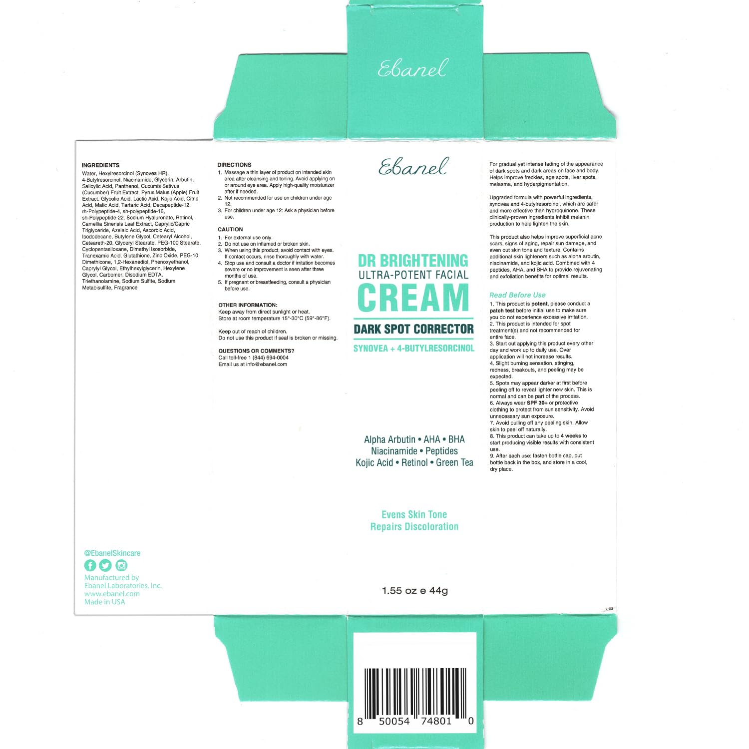 Ebanel dark-spot remover before-after frame hints potential brightening over time.