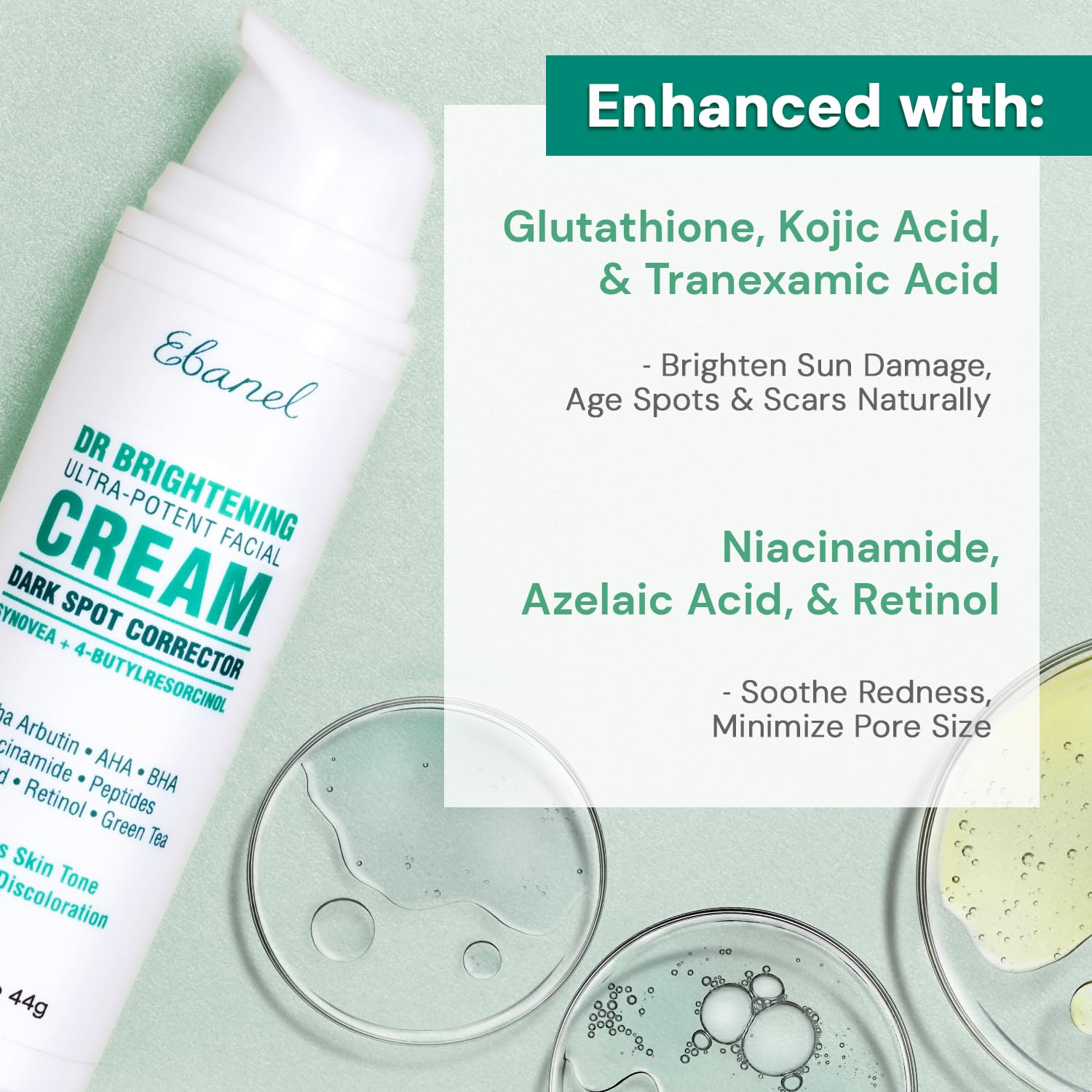 Ebanel dark-spot remover textured cream image suggests night-time use and hydration benefits.