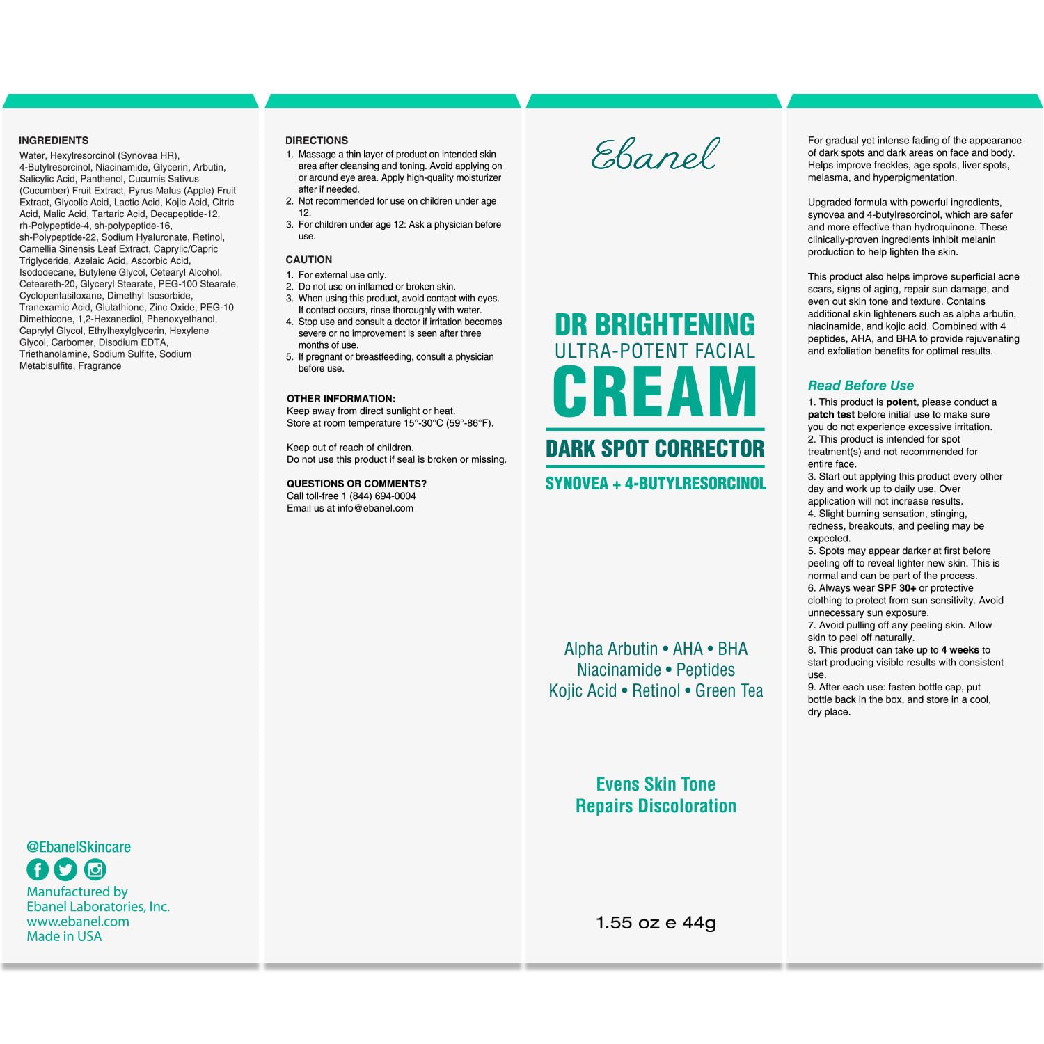 Ebanel dark-spot remover packaging emphasizes USA-made cruelty-free branding.