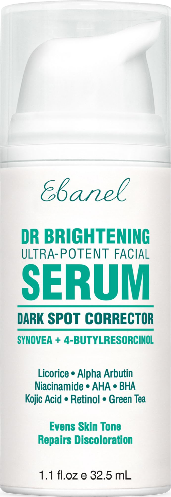 Ebanel dark spot serum bottle closeup highlights brightening formula for even tone.
