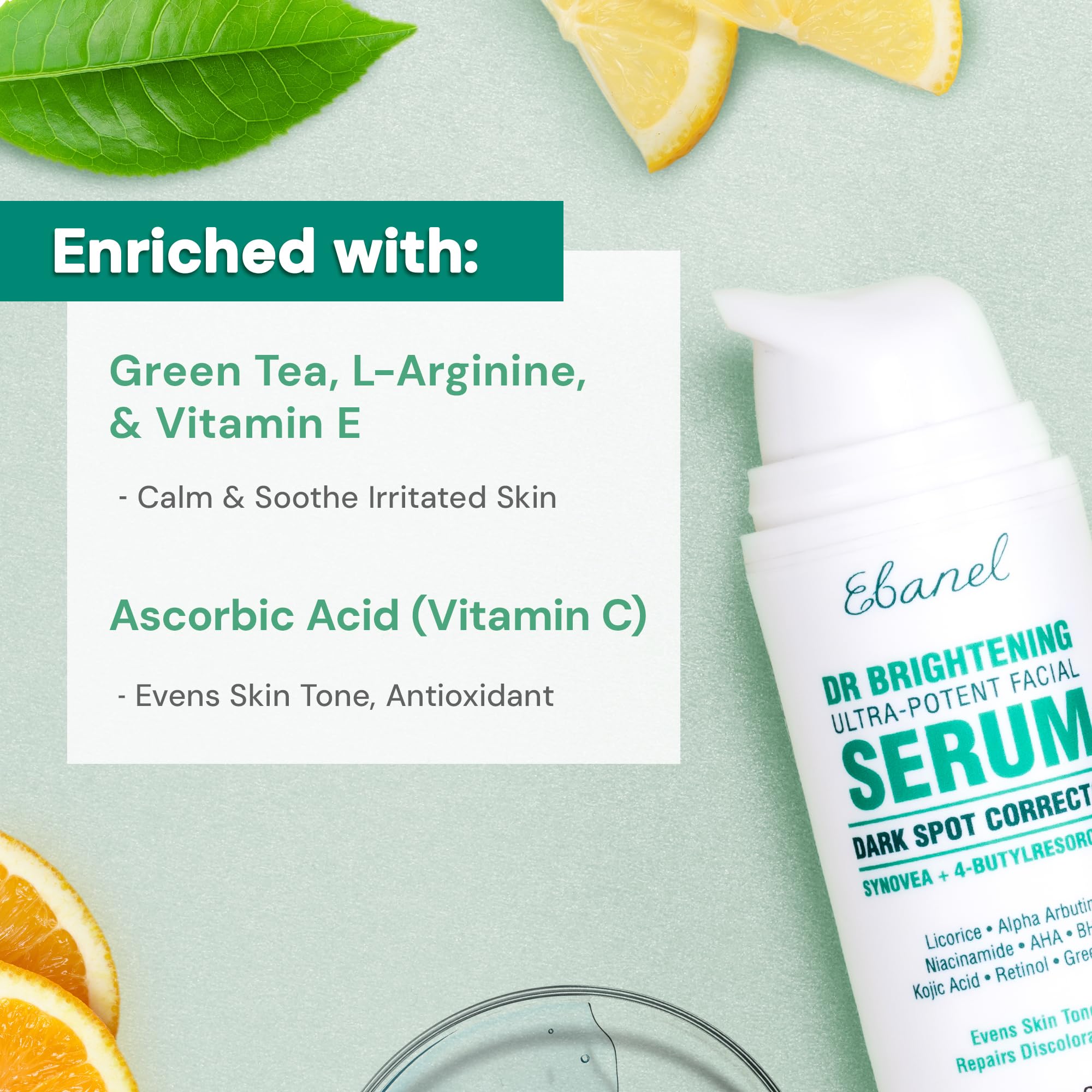 Ebanel dark spot serum ingredients graphic highlights Synovea HR, Alpha Arbutin, Niacinamide for brightening.