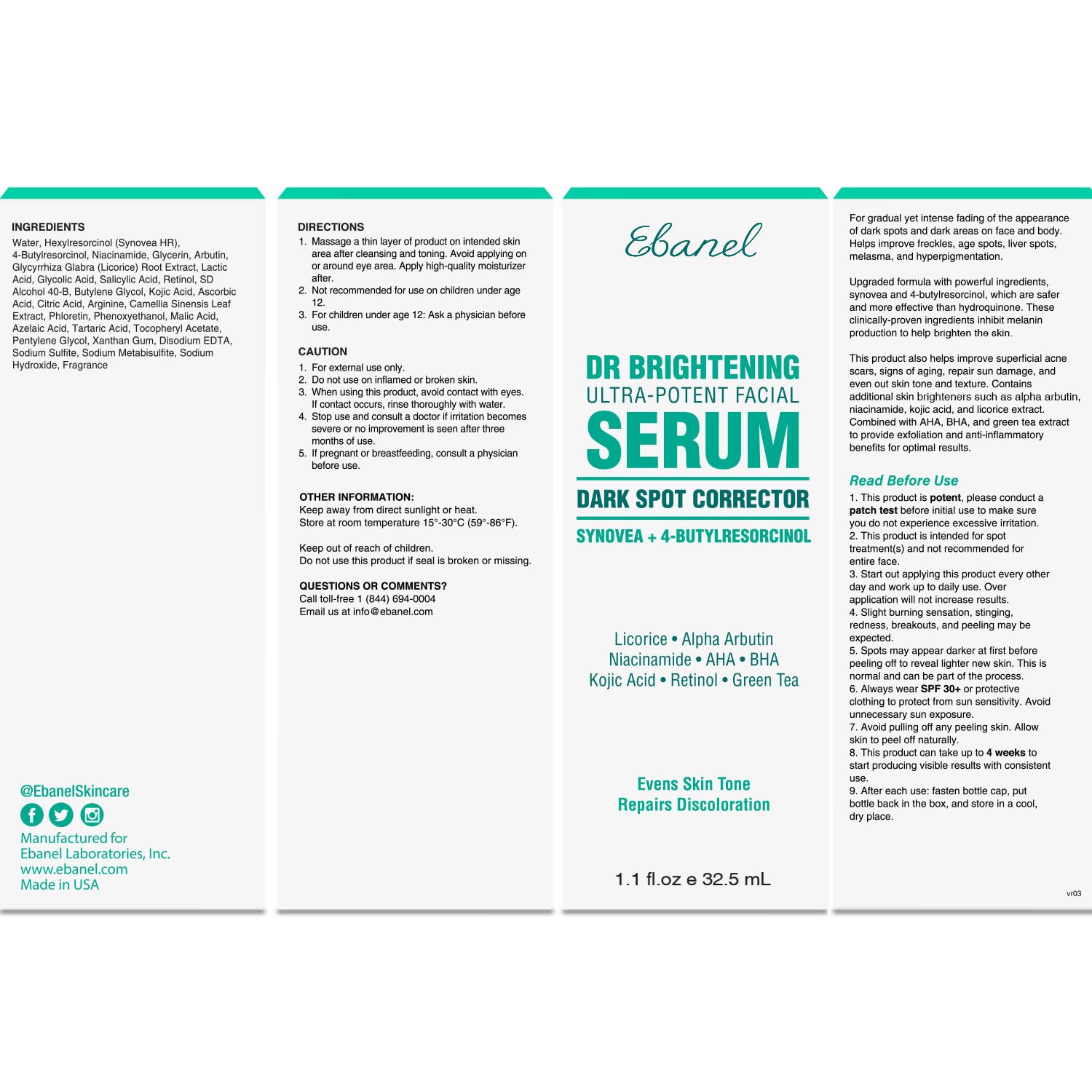 Ebanel dark spot serum made-in-usa label reinforces quality and safety for skin.