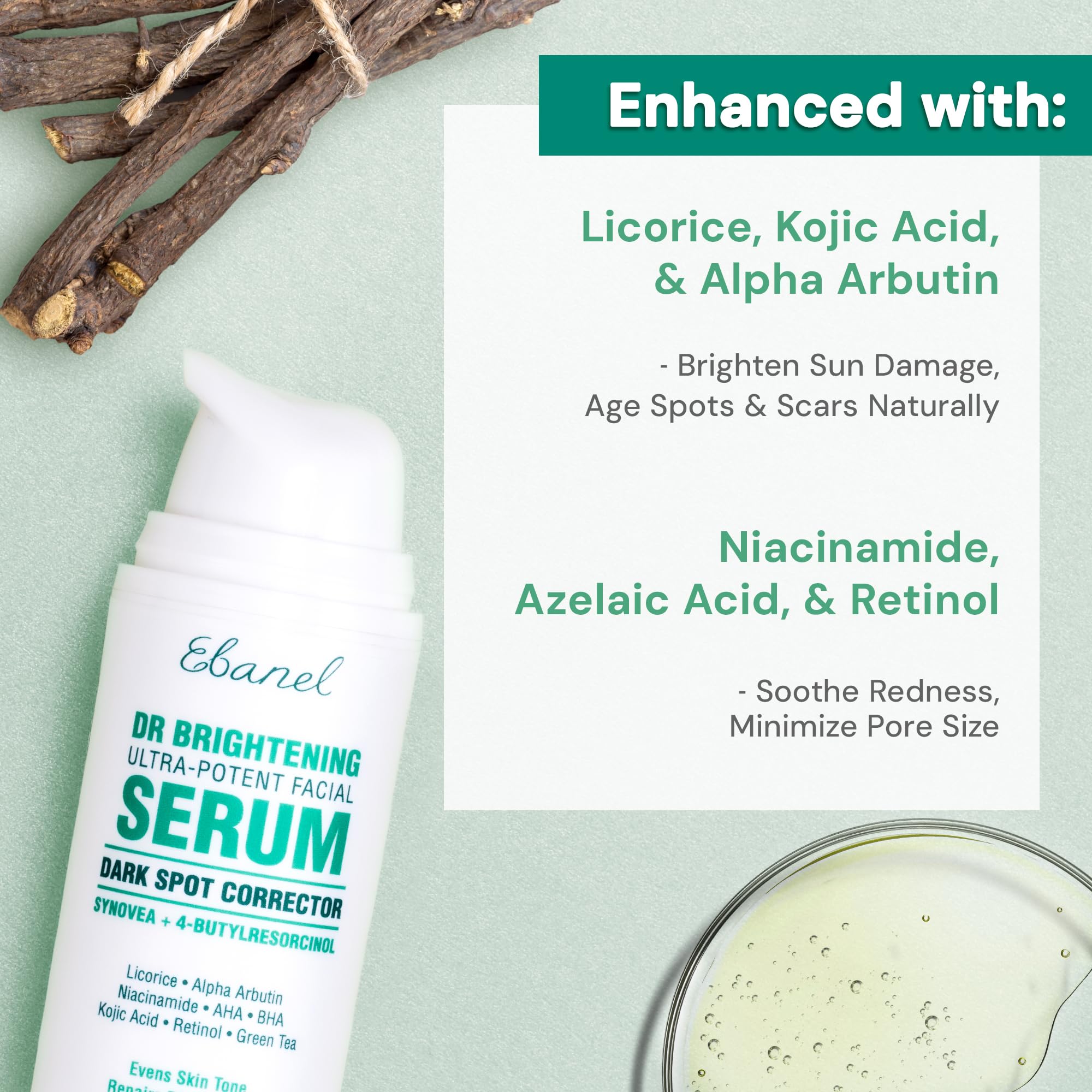 Ebanel dark spot serum packaging box communicates USA-made quality and cruelty-free claim.