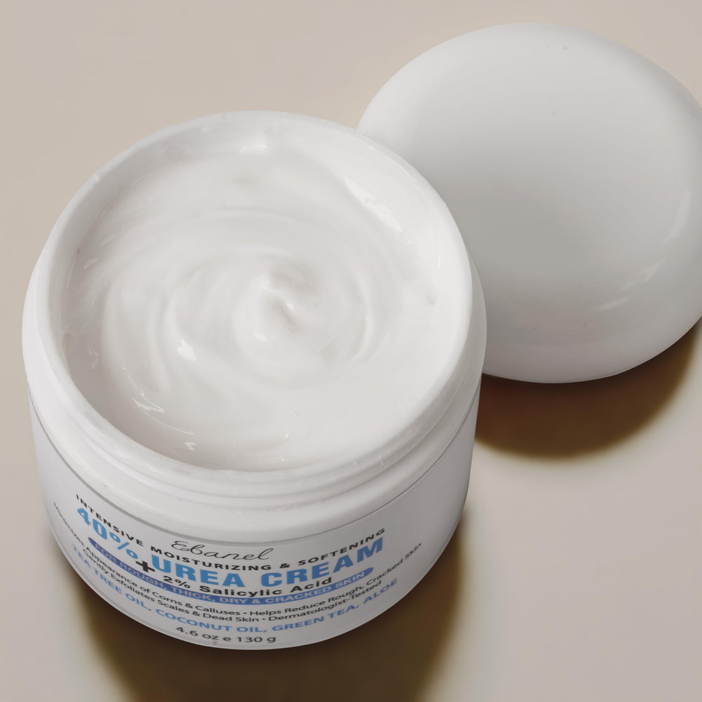 Ebanel Urea Cream 40% targets elbows and knees, softening rough calluses.